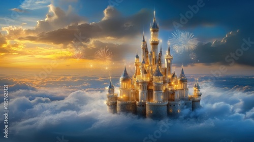 Majestic castle with fireworks lighting up cloudy night, ethereal glow