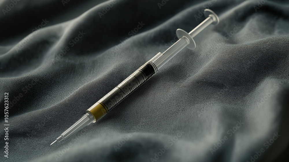 Naklejka premium Sterile Capped Syringe on Textured Medical Cloth Surface, Emphasizing Precision, Safety, and Material Detail in Sterile Environment