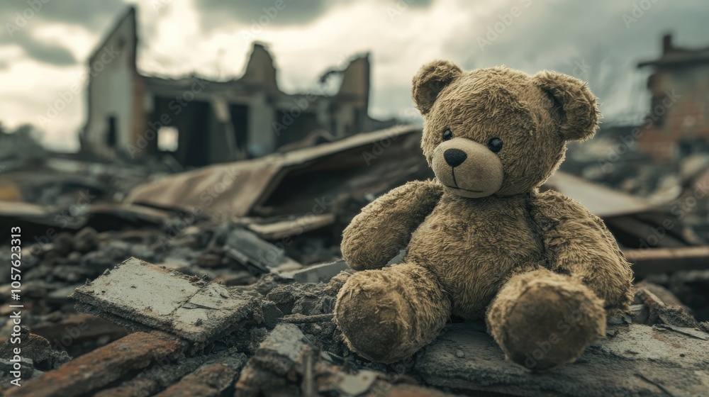 Concept of a child s life shattered by war or natural disaster with a solitary dirty teddy bear resting atop the debris of a ruined home