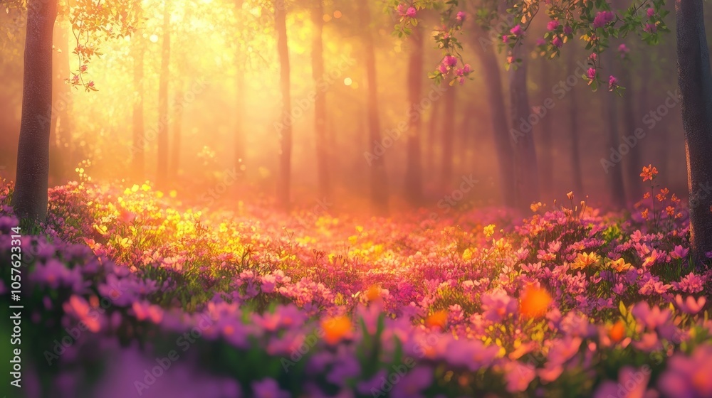 Obraz premium Vibrant floral landscape in a forest highlighted by the soft glow of sunset Gentle blur enhances the scene