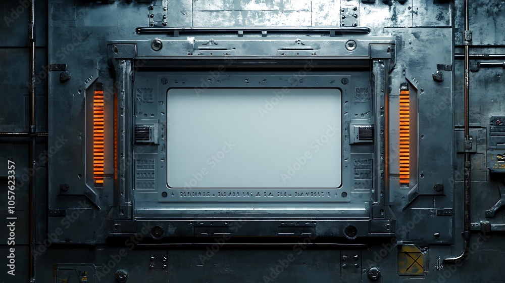 Futuristic metal frame with blank screen and orange lights. Futuristic metal frame with blank screen and orange lights.