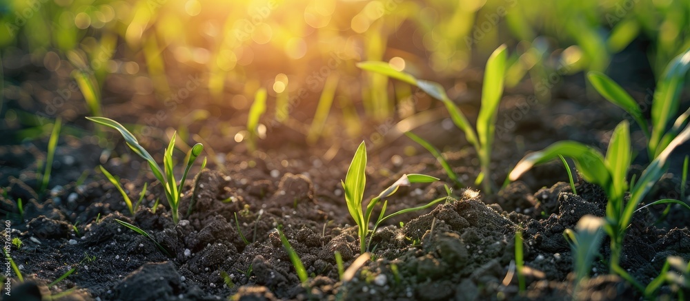 Obraz premium Spring Photography Young Shoots Of Cereals Ripening Wheat Green Shoots Of Photosynthesis Under The Bright Sun Phosphorus And Nitrogen Fertilizers Introduced