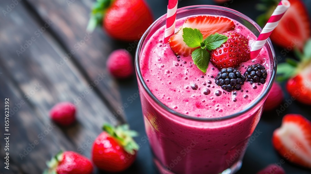 Fresh pink smoothie featuring a blend of strawberries and berries perfect for a healthy daily diet Fresh pink smoothie featuring a blend of strawberries and berries perfect for a healthy daily diet