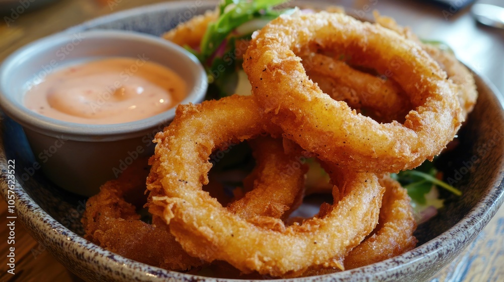 Crispy fried onion rings served with a tasty dipping sauce Crispy fried onion rings served with a tasty dipping sauce