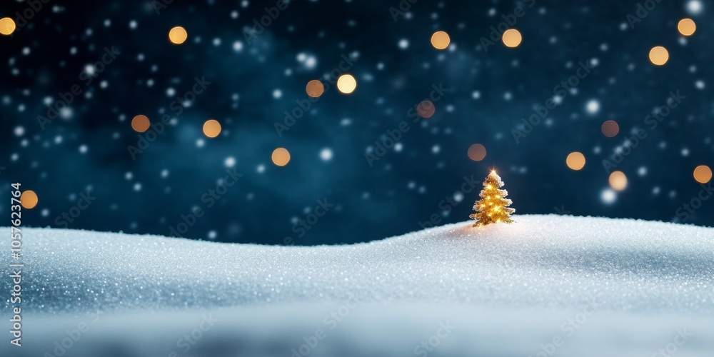 Minimal Christmas concept, a snowy landscape with a golden christmas tree against night sky with golden bokeh effects