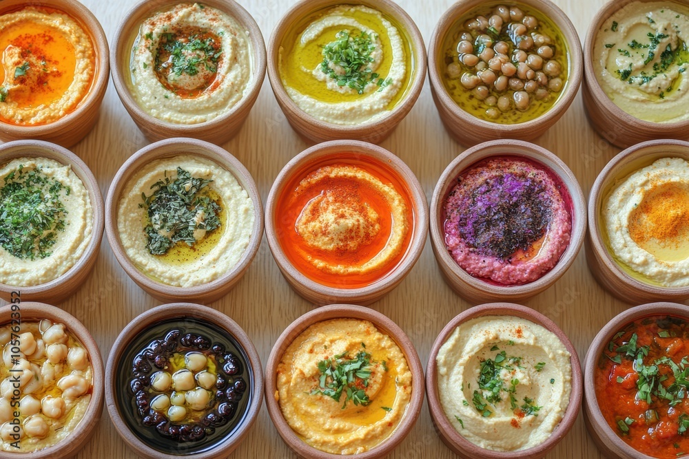food styling, various hummus options elegantly presented on a light wooden table, inviting exploration of flavors with space for text