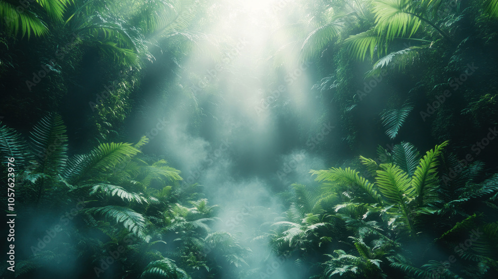 Obraz premium Lush rainforest with dense foliage and mist, vibrant green tones, tropical ambiance