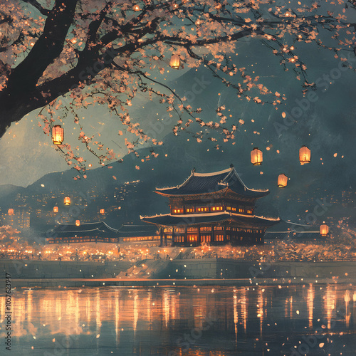 Wallpaper Mural Romantic Vintage Rendering of Gyeongbokgung Palace at Dusk with Cherry Blossoms in Bloom Torontodigital.ca