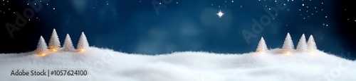 Minimal Christmas concept, a snowy landscape with a few white trees against night sky