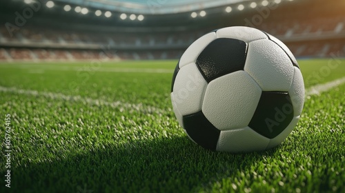 Soccer ball positioned on the green field of a stadium prepared for action in the midfield close up view