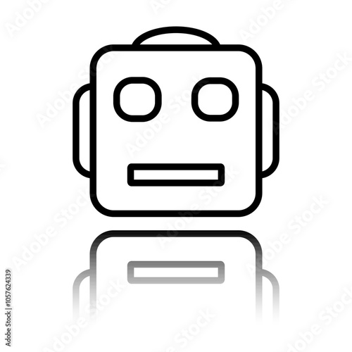 Robot simple icon. Flat design. Black icon with mirror reflection. White background
