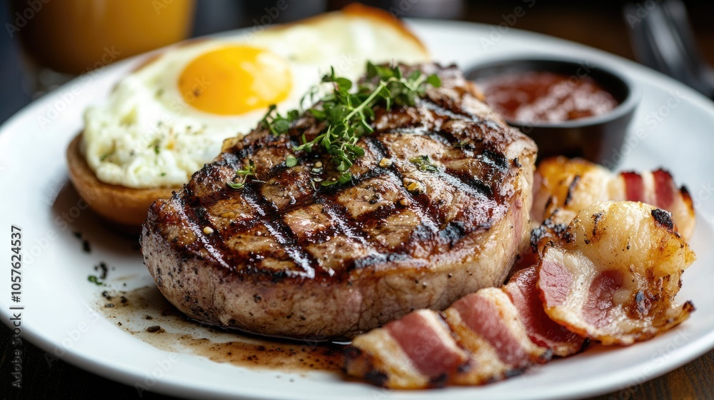 Succulent grilled pork steak paired with savory rolls eggs and bacon A flavorful and nutritious meal in an upscale dining setting Succulent grilled pork steak paired with savory rolls eggs and bacon A flavorful and nutritious meal in an upscale dining setting