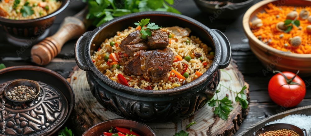 The Concept Of Oriental Cuisine Assorted Uzbek Food Set Pilaf Samsa Lagman Manta Shurpa Uzbek Restaurant Concept Uzbek Food Homemade Uzbek Pilaf Or Plov From Lamb Served In Cast Iron Cookware