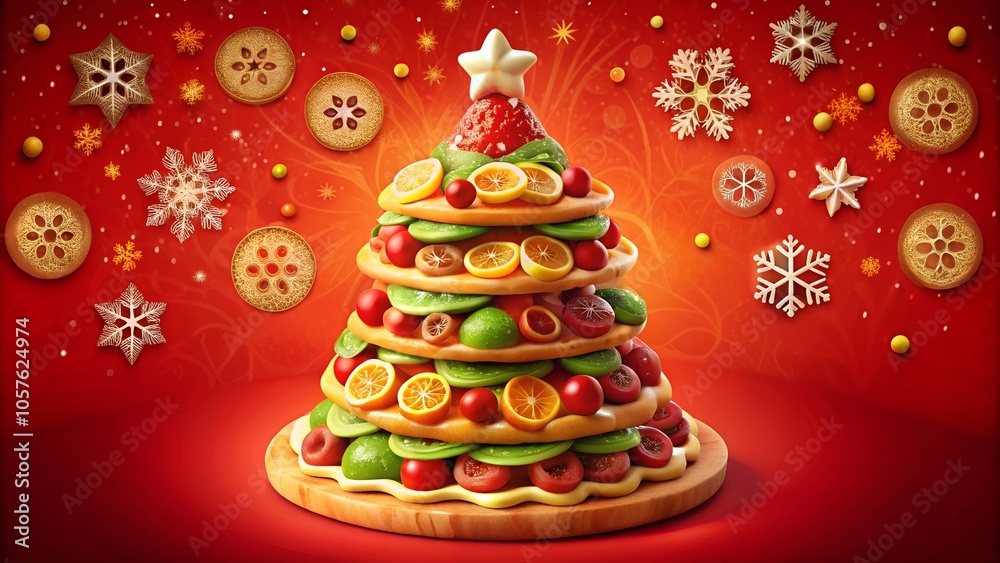 Christmas fruit tree with snowflakes and dried orange slices on red background