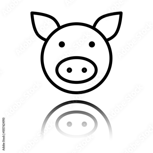 Pig simple icon. Flat design. Black icon with mirror reflection. White background