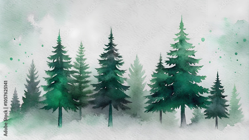 Obraz premium Watercolor painting of evergreen trees creating a serene forest landscape