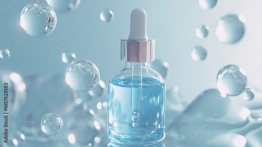 Serum Bottle with Dropper and Water Droplets on Blue Background Serum Bottle with Dropper and Water Droplets on Blue Background