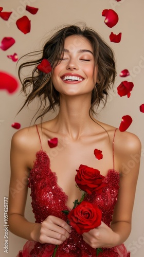 A joyful woman wearing a red dress holds a rose while surrounded by falling r...