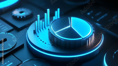 Cute isometric 3D image of 3D pie chart and bar chart in realistic metallic silver illuminated by neon blue. add floating, transparent charts and circular measurement tools. ensure perfect shapes and 