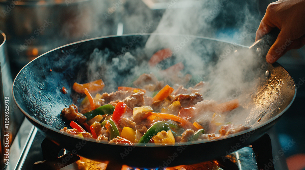 Closeup of a Wok with Steaming Meat and Vegetables Closeup of a Wok with Steaming Meat and Vegetables