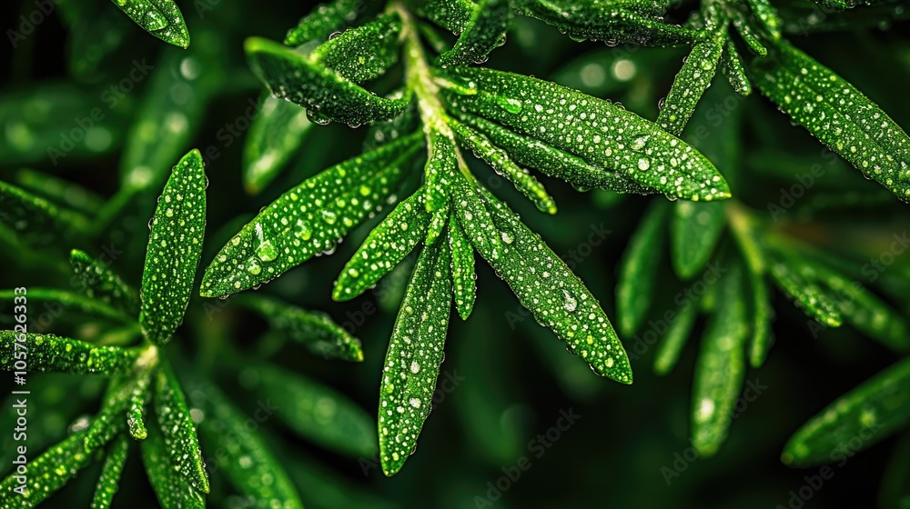 Close up macro shot of fresh rosemary leaves adorned with water droplets Close up macro shot of fresh rosemary leaves adorned with water droplets