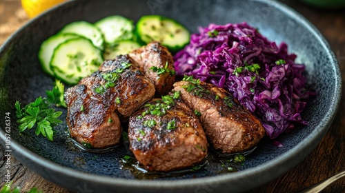 Traditional Snirtjebraten served with red cabbage and cucumber photo