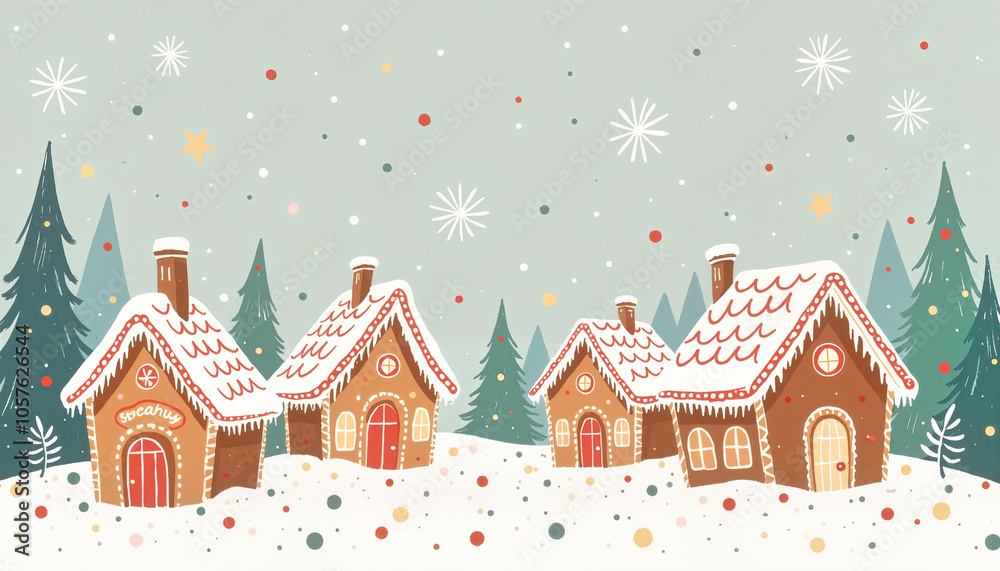 Colorful gingerbread houses in a winter landscape with snowflakes and pine trees, featuring a cozy vibe Colorful gingerbread houses in a winter landscape with snowflakes and pine trees, featuring a cozy vibe