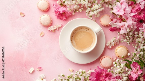 Morning coffee macarons and flowers on a pink table captured in a flat lay style A delightful breakfast setting for her