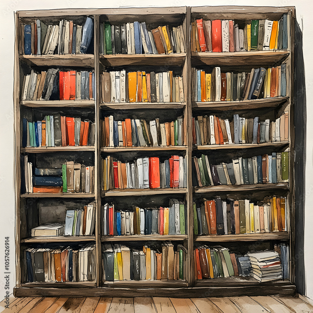 Detailed Sketch of a Tall Narrow Bookshelf Overflowing with Colorful Books in a Cozy Study Environment