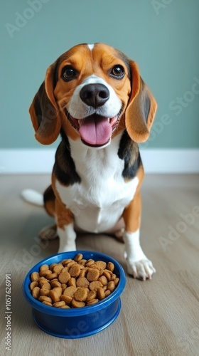A cheerful beagle sits with a blue bowl of dry dog food on a light wooden flo...