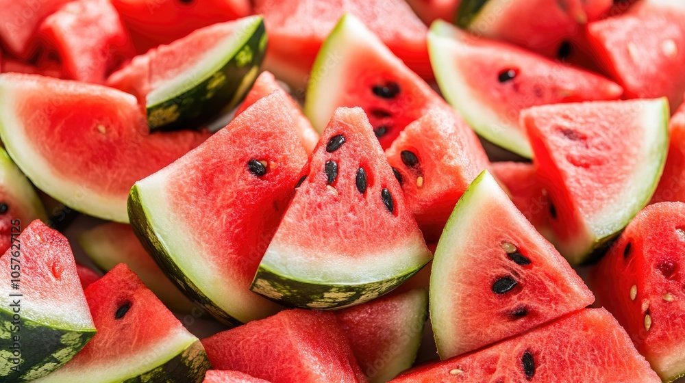 Sliced ripe red watermelon with black seeds showcasing juicy and sweet red flesh in pieces Sliced ripe red watermelon with black seeds showcasing juicy and sweet red flesh in pieces