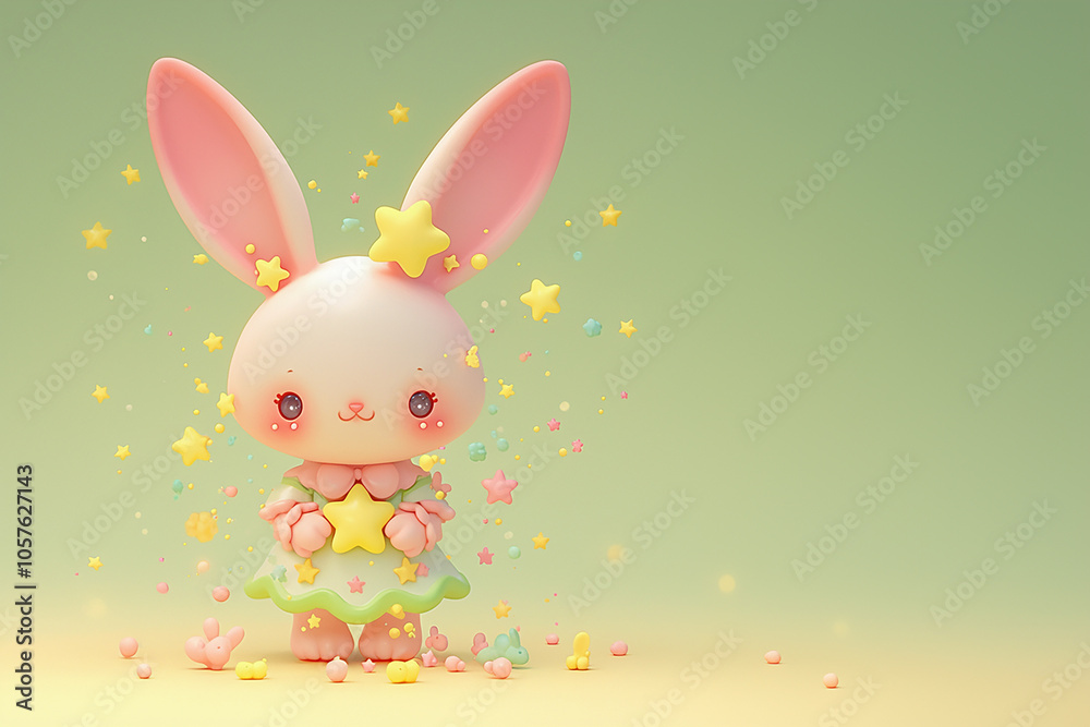 A cute rabbit with stars on its head and body. It is sitting on a blue background. The rabbit is wearing a mermaid costume A cute rabbit with stars on its head and body. It is sitting on a blue background. The rabbit is wearing a mermaid costume