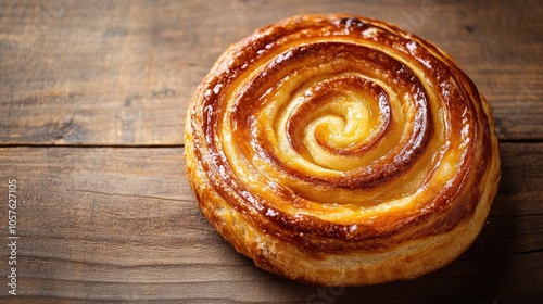 A large spiral shaped golden brown pastry rests on a wooden table