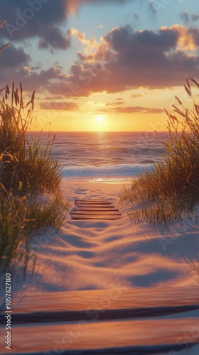 Sunset over the ocean with a wooden path leading to the beach surrounded by g...