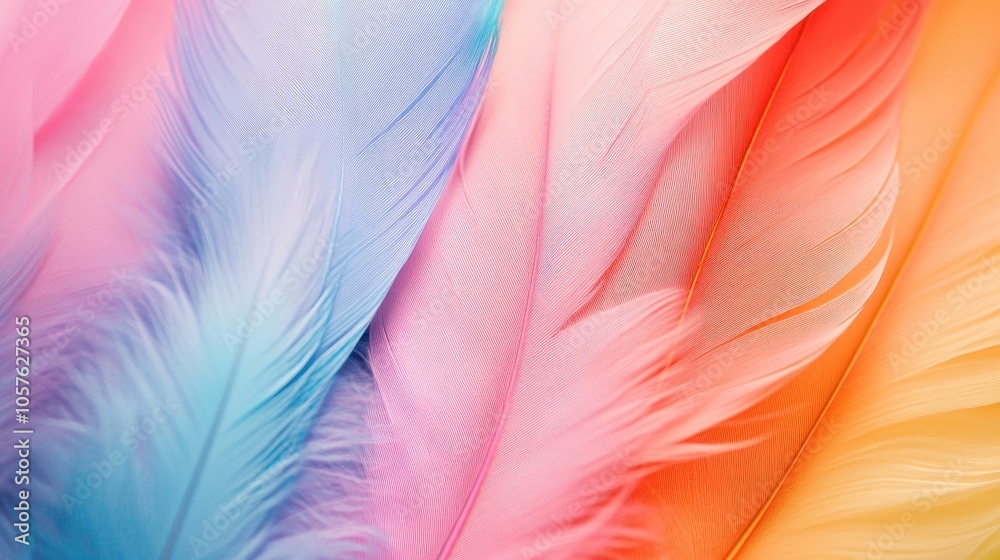 Vibrant pastel hued feather background Close up vertical shot of soft colorful feathers Minimalistic abstract design with room for text