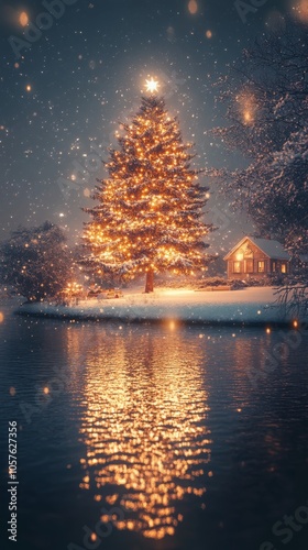 A beautifully lit Christmas tree glowing beside a snowy lake during a winter ...