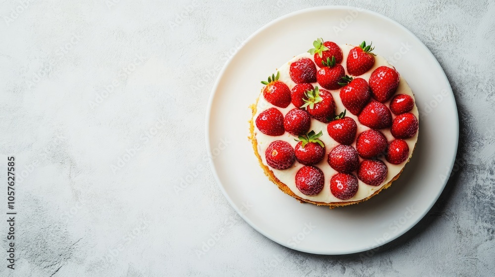 Aerial view of a strawberry cake on a white plate featuring noticeable film grain texture providing plenty of empty space for text or graphics Aerial view of a strawberry cake on a white plate featuring noticeable film grain texture providing plenty of empty space for text or graphics