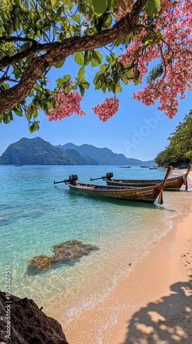 A traditional boat rests on a serene beach surrounded by blooming flowers and...