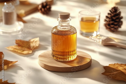 Elegant glass bottle of natural essence placed on a wooden coaster surrounded...