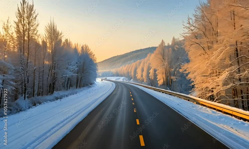 Winter road surrounded by snow-covered trees at sunrise, capturing peaceful beauty of nature. seamless looping time-lapse 4K video background