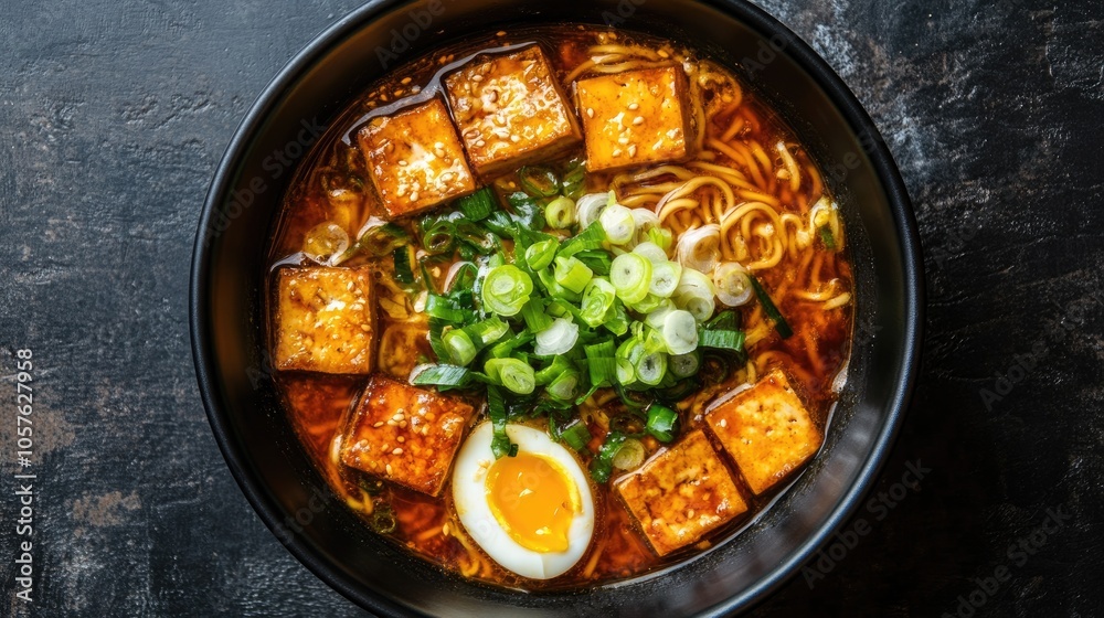 Top view of a homemade vegetarian ramen soup featuring fried tofu egg and spring onions served in a dark bowl Top view of a homemade vegetarian ramen soup featuring fried tofu egg and spring onions served in a dark bowl