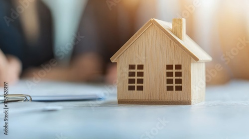 A miniature wooden house sits on a surface, symbolizing real estate investment or home buying, with blurred figures in the background.