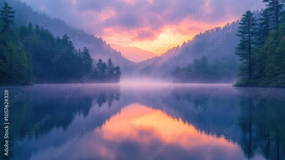 Fototapeta premium Serene mountain lake at sunrise, misty atmosphere, vibrant colors reflecting on calm water, lush forest backdrop