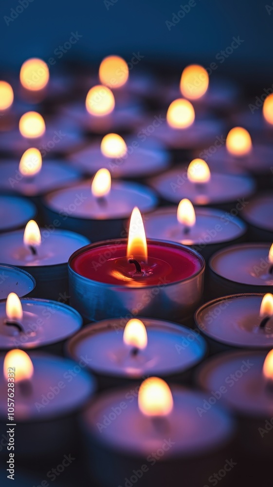 Circular arrangement of candles with one central lit flame Circular arrangement of candles with one central lit flame