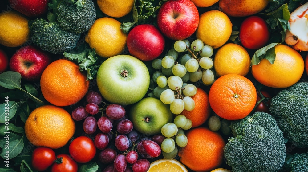 Colorful top view display of fresh fruits and vegetables showcasing a vibrant mix of ripe apples oranges grapes lemons tropical produce green broccoli and red tomatoes for healthy eating Colorful top view display of fresh fruits and vegetables showcasing a vibrant mix of ripe apples oranges grapes lemons tropical produce green broccoli and red tomatoes for healthy eating