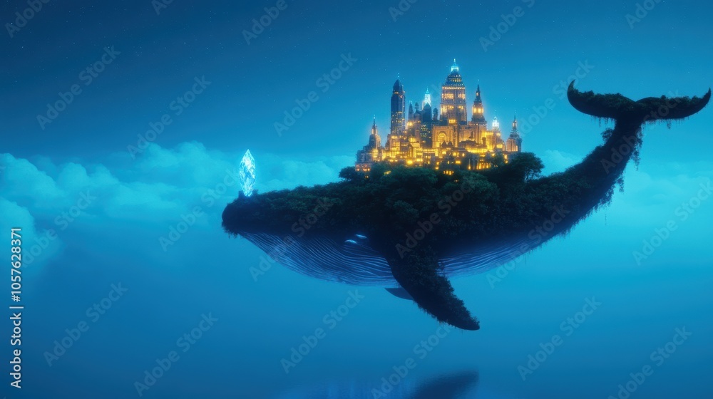 Obraz premium A city built on the back of a giant, sleeping whale, its buildings decorated with glowing crystals and luminous moss.