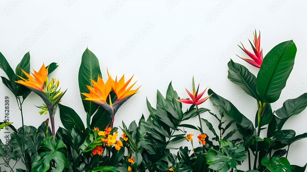 Naklejka premium Vibrant tropical plants with colorful flowers against a white background.