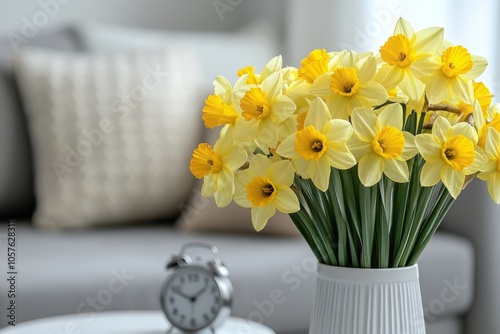 Bright daffodils in a white vase on a cozy living room table with a clock and...