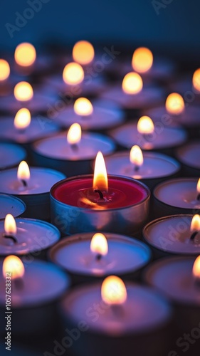 Circular arrangement of candles with one central lit flame