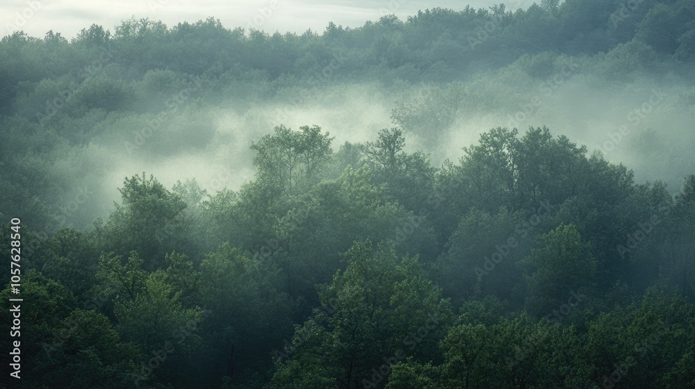 A tranquil morning light envelops a thick forest in a gentle mist revealing the outlines of trees softly appearing through the fog